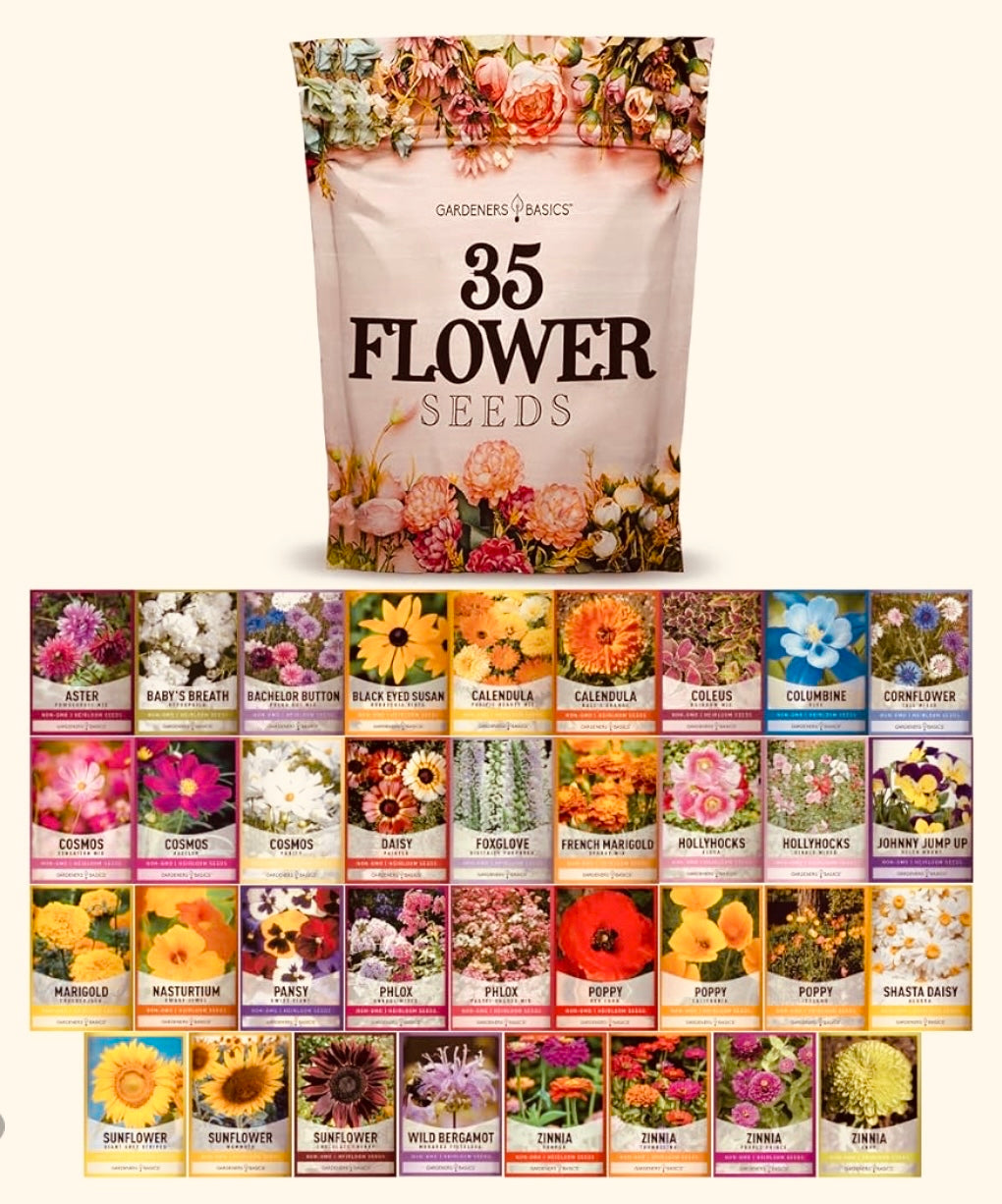 Flower Seeds Packets for Planting 35 Individual Varieties Perennial, Annual, Wildflower Seeds for Planting Outdoors for Bees and Butterflies - Semillas de Flores Hermosas by Gardeners Basics.