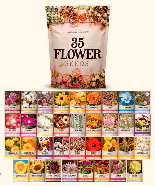 Flower Seeds Packets for Planting 35 Individual Varieties Perennial, Annual, Wildflower Seeds for Planting Outdoors for Bees and Butterflies - Semillas de Flores Hermosas by Gardeners Basics.